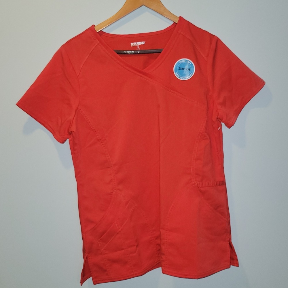 SCRUBSTAR SOLID CORAL RUSH SCRUB TOP-S Stretch Material